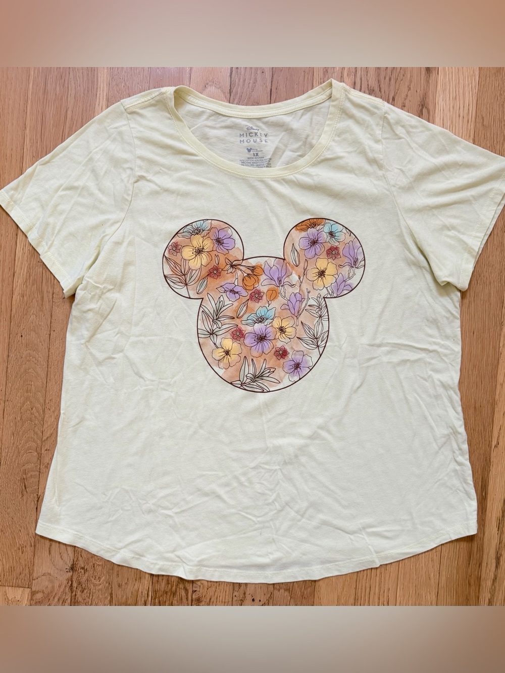 Disney Mickey Mouse Floral Graphic Tee Women 1X Pale Yellow Plus Size